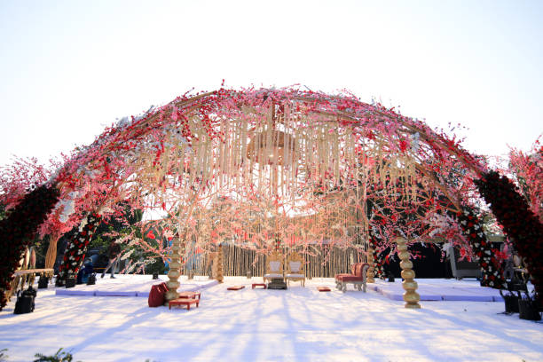 wedding mandap for a sundowner wedding with beautiful varmala setup